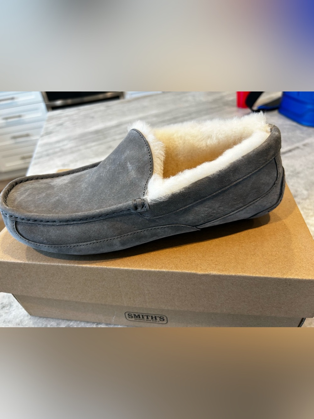 SMITH Men's Gray Suede Slip-On Loafers with Cream Shearling Lining